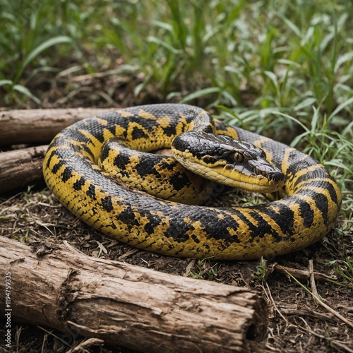 A yellow anaconda coiled around a log on a white background.

