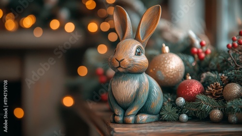 Green Wooden Hare Amid Festive Decor. Generative AI photo