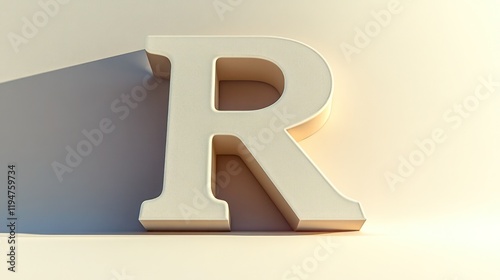 3D letter R standing on a solid background with realistic shadows and high-definition textures,