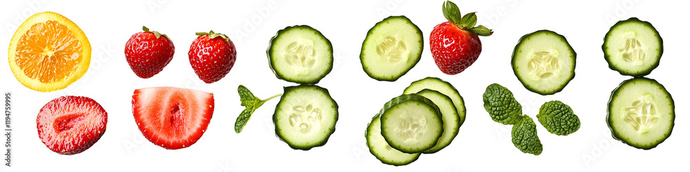 Fresh Sliced Strawberries, Cucumbers, Orange & Mint on White Background Fresh Sliced Strawberries, Cucumbers, Orange & Mint on White Background