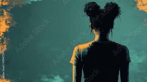 Young woman with curly hair styled in two buns facing away in artistic abstract background with teal and orange tones, conveying emotion and introspection.