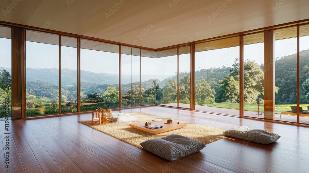 Fototapeta premium Contemporary minimalist interior design serene home location photography bright natural light environment wide angle viewpoint harmonious living concept