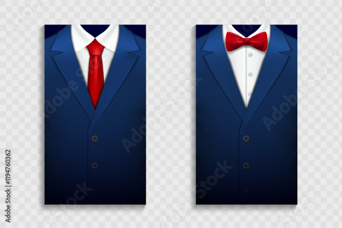 Business invitation cards with elegant blue suit and tuxedo with bow tie. Template isolated on transparent background. Vector mockup