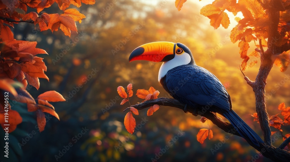 Obraz premium A colorful toucan with a bright beak resting on a branch with a vibrant background