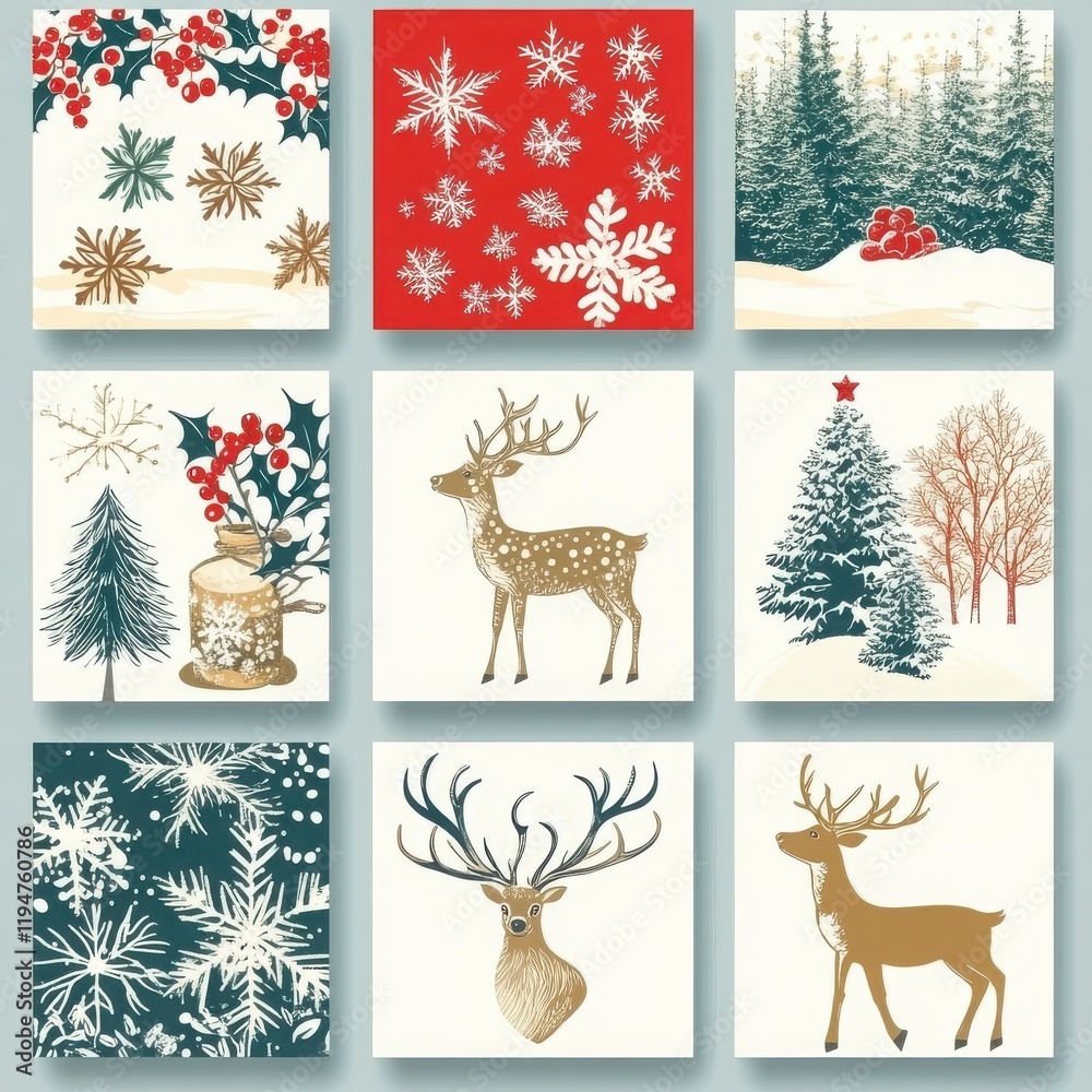 Festive Winter Patterns Featuring Red and Green Elements, Snowflakes, Holly, Trees, Reindeer, and Holiday Decorations for Seasonal Inspiration Festive Winter Patterns Featuring Red and Green Elements, Snowflakes, Holly, Trees, Reindeer, and Holiday Decorations for Seasonal Inspiration