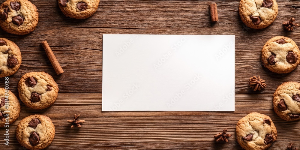 Blank white card on a rustic wooden table surrounded by chocolate chip cookies and cinnamon sticks creating a cozy inviting atmosphere.