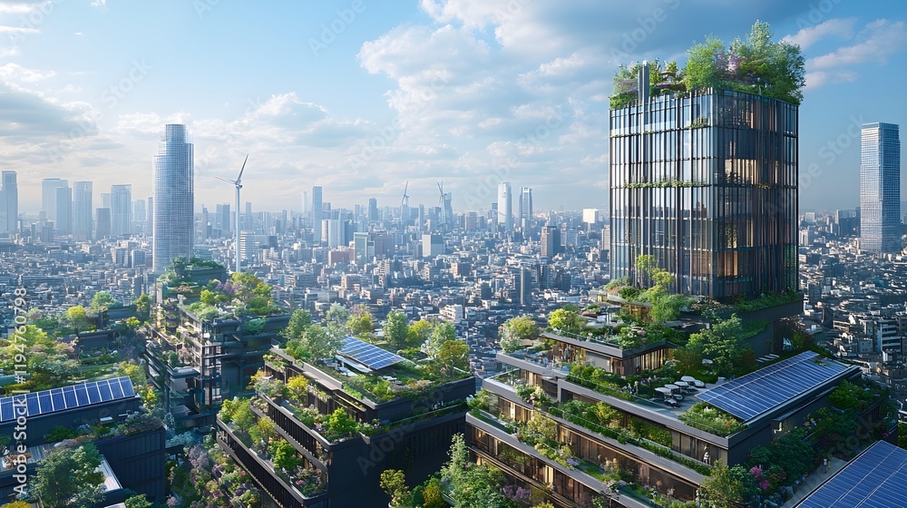 Obraz premium A cityscape showing a blend of renewable energy sources like solar panels and wind turbines integrated with urban buildings, illustrating the transformation to net zero energy solutions 