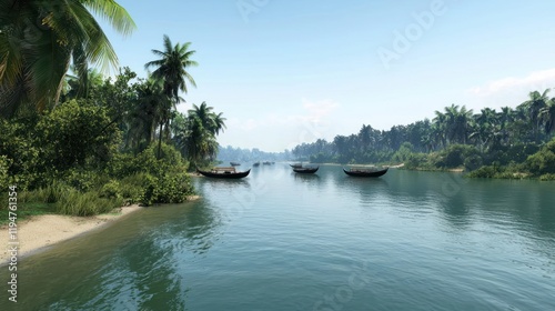 Tropical River Scene with Boats
