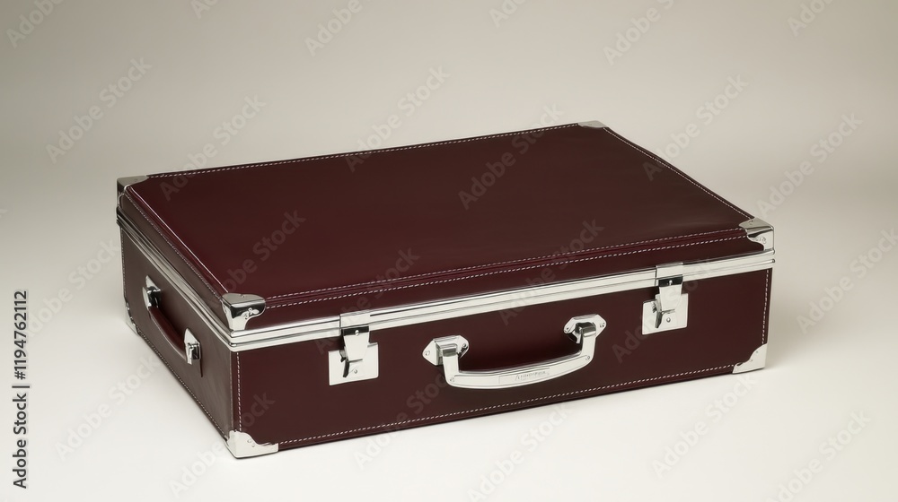 A designer suitcase in deep red leather with silver accents on a cream background A designer suitcase in deep red leather with silver accents on a cream background