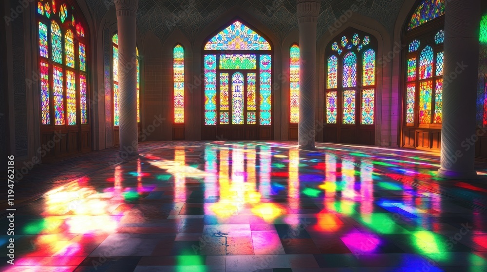 Obraz premium Colorful Stained Glass Windows Illuminate Hall Floor