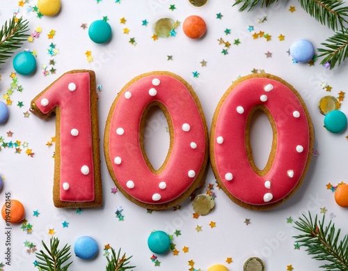 Decorated cookie for birthday or anniversary party, number 100. White background with party decoration. photo