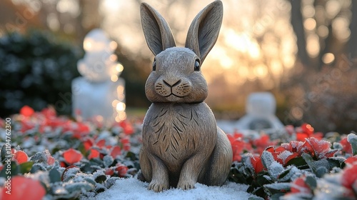 Beautifully carved wooden hare in a frosty winter garden. Generative AI photo