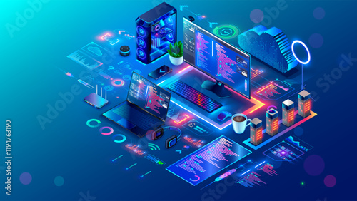 Computer technology isometric concept. Software development, programming, coding. PC, laptop, phone on desk. Environment of programming software. Computer network technology. Network communications.