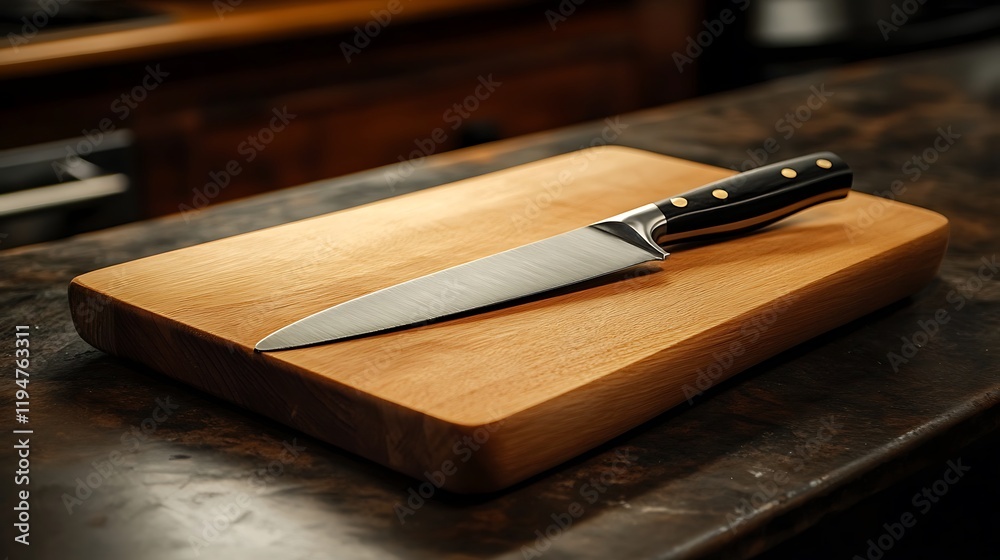 Wooden cutting board with a knife embedded deep natural kitchen lighting