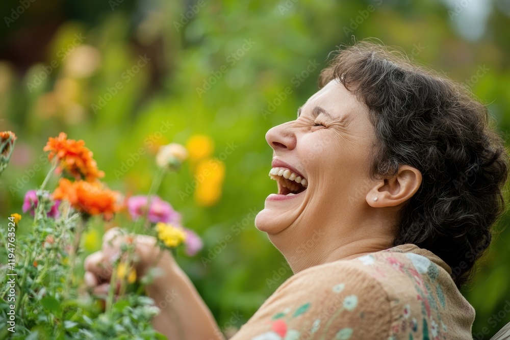 A smiling woman holds flowers in her hand A smiling woman holds flowers in her hand