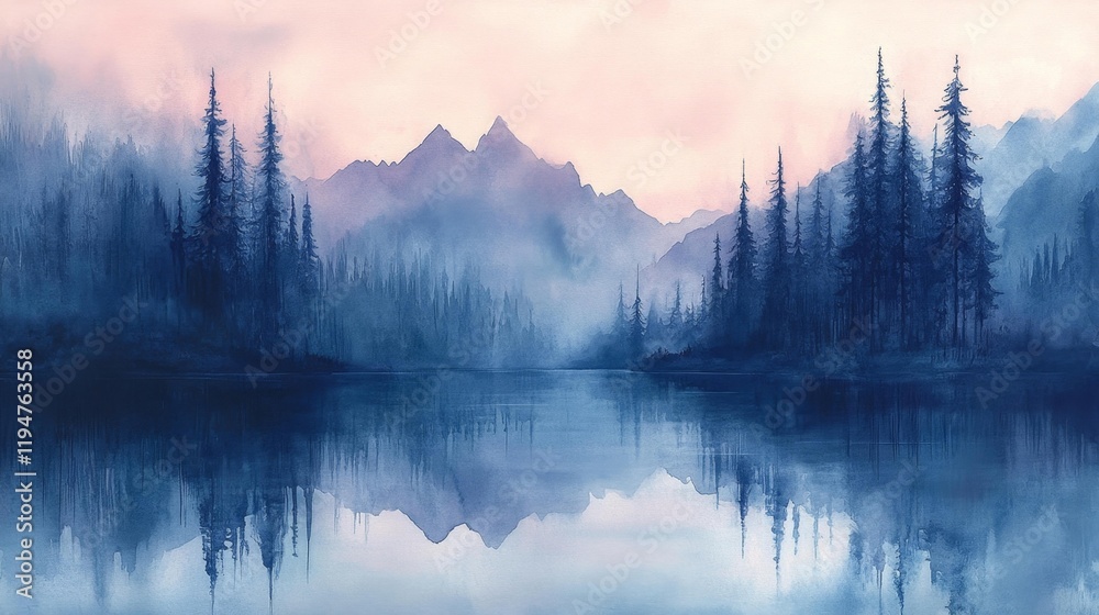 Fototapeta premium Dreamy Watercolor Landscape with Misty Mountains. Generative AI