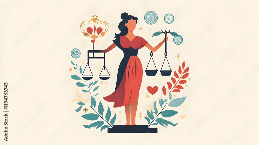 A striking flat design illustration showcasing Lady Justice with a serene expression, holding her iconic scales in one hand and a heart in the other, set against a subtle backdrop of legal symbols; A striking flat design illustration showcasing Lady Justice with a serene expression, holding her iconic scales in one hand and a heart in the other, set against a subtle backdrop of legal symbols;