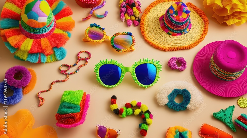 Obraz premium A creative flat lay of vibrant festival accessories, such as bright sunglasses, statement hats, and chunky necklaces, placed on a neutral backdrop.