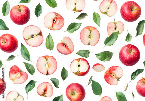 Red Apples Sliced & Whole with Leaves, Isolated on White Background