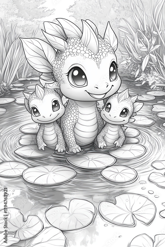 Line coloring sheet of a cute tiny hydra with three baby dragon heads, each smiling playfully, sitting in a cartoon pond surrounded by lily pads, ideal for kids' coloring books