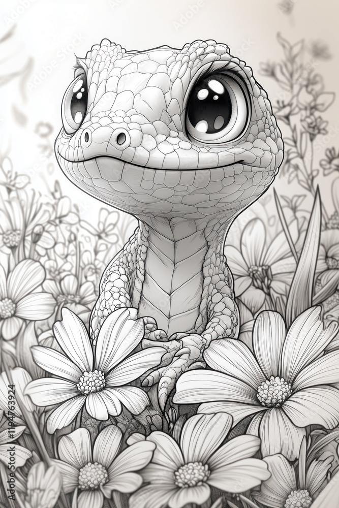 Line coloring sheet of a tiny basilisk with a cheerful face and big round eyes in a meadow
