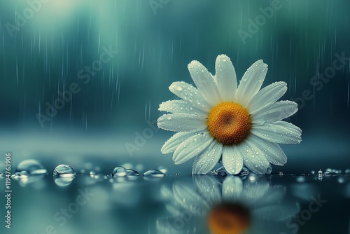 A solitary daisy under gentle rain is reflected in calm water, embodying grace and resilience, signifying renewal, growth, and the inevitability of change.