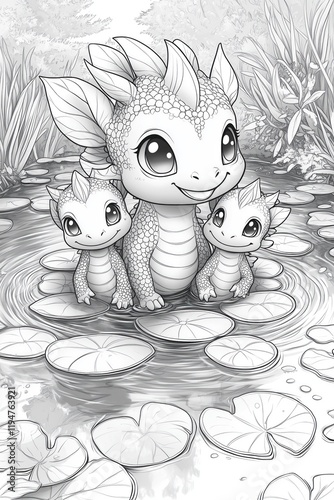 Obraz na płótnie Line coloring sheet of a cute tiny hydra with three baby dragon heads, each smiling playfully, sitting in a cartoon pond surrounded by lily pads, ideal for kids' coloring books w salonie