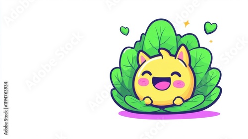 Cheerful cartoon cat hidden in leafy greens digital illustration playful environment vibrant viewpoint whimsical concept
