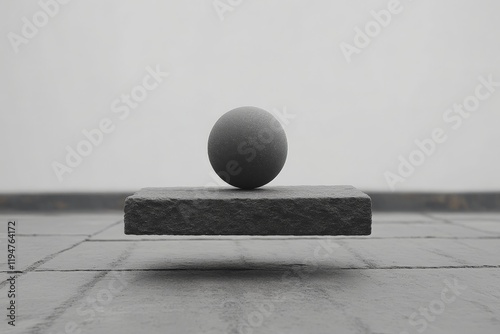 The image features a spherical stone suspended perfectly in mid-air above a raised stone platform, portraying a sense of balance and weightlessness.