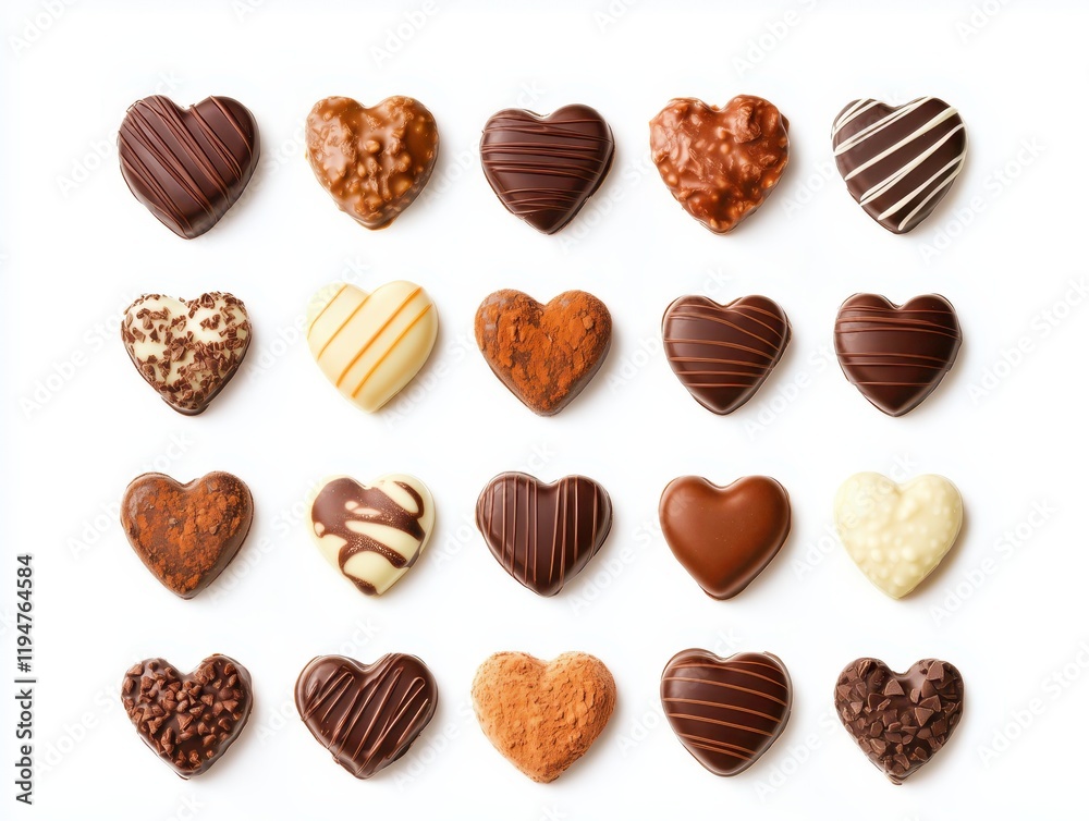 Set collection of different delicious chocolate hearts sweets dessert candies isolated on white background Set collection of different delicious chocolate hearts sweets dessert candies isolated on white background