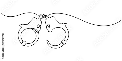 One line continuous drawing design of Handcuffs isolated on white background, Handcuffs in one continuous line drawing. Symbol of police justice and jail prison concept in simple linear style. True. 