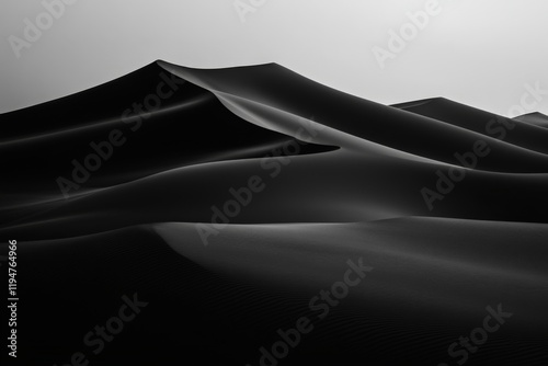 Striking black and white photograph showcasing smooth, undulating forms of sand dunes, capturing the beauty and tranquility of the desert landscape at dawn.