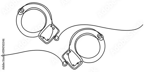 One line continuous drawing design of Handcuffs isolated on white background, Handcuffs in one continuous line drawing. Symbol of police justice and jail prison concept in simple linear style. True. 