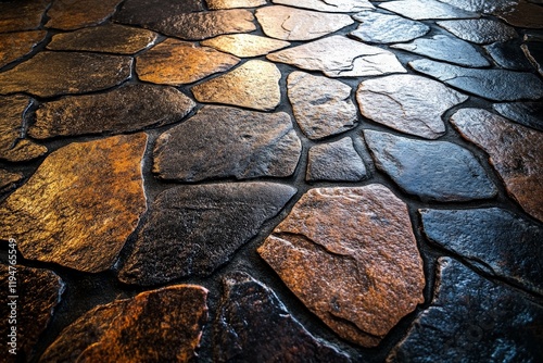 A rugged arrangement of natural stones in earthy tones creates a textured surface, depicting the raw beauty and subtle elegance of a rustic cobblestone walkway. photo