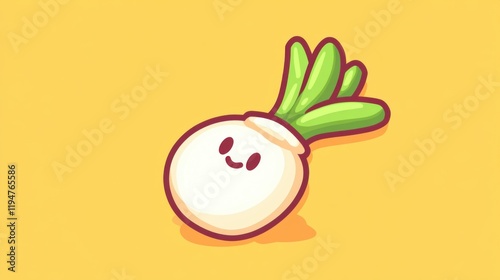 Playful cartoon radish character with green leaves on yellow background digital art fun concept