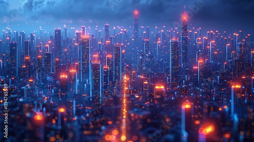 Wallpaper Mural Futuristic city skyline at night, glowing buildings, dark clouds, digital art, website banner Torontodigital.ca