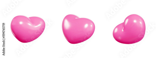 Pink heart shaped balloon 3d vector set floating from different angles. Flying love symbol with glossy surface and realistic shine effect. Decorative elements for romantic celebrations designs.