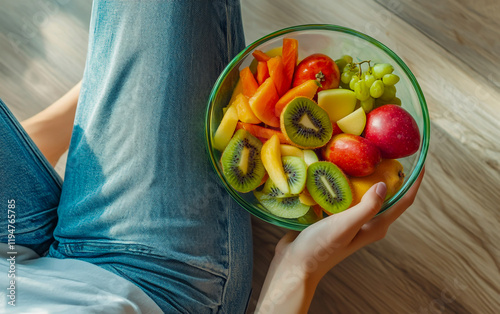 A person sitting on the floor, wearing blue jeans and a white T-shirt, holding a vibrant, colorful bowl of fresh fruit salad, with a relaxed and casual demeanor. photo