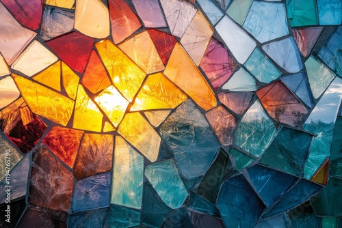 This captivating mosaic image features radiant colors with sunlight filtering through translucent glass pieces, creating a mesmerizing and uplifting visual effect.
