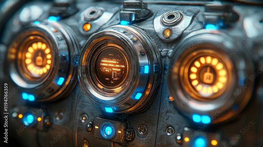 Futuristic control panel, spaceship interior, glowing lights, digital display, science fiction Futuristic control panel, spaceship interior, glowing lights, digital display, science fiction