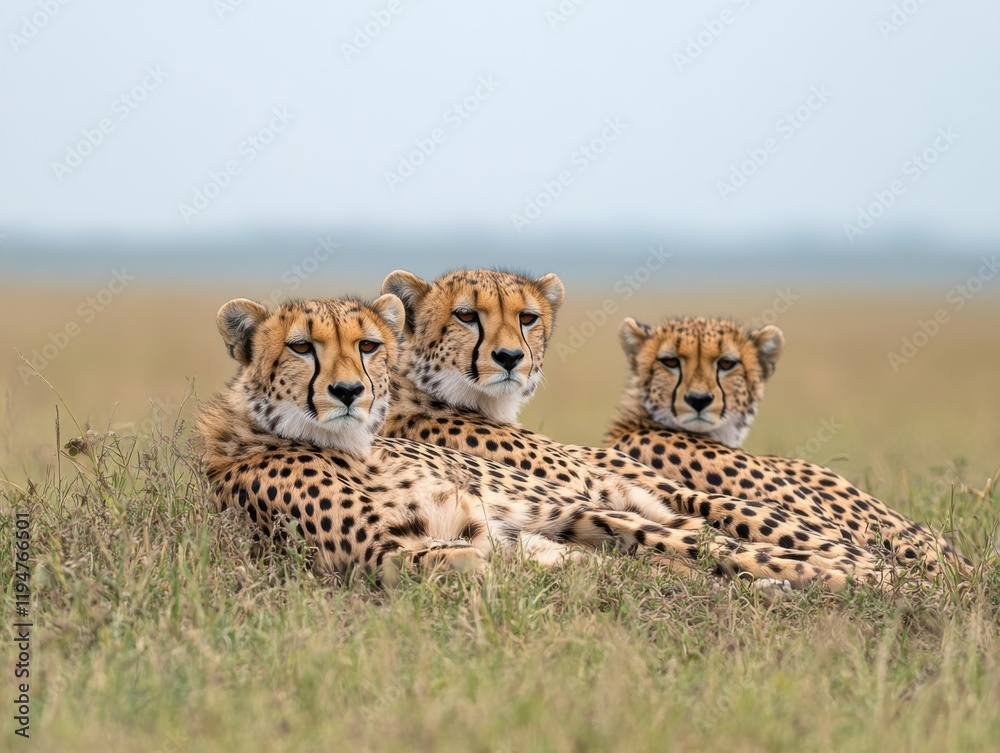 Naklejka premium Three Cheetahs Resting in a Grassy Savanna