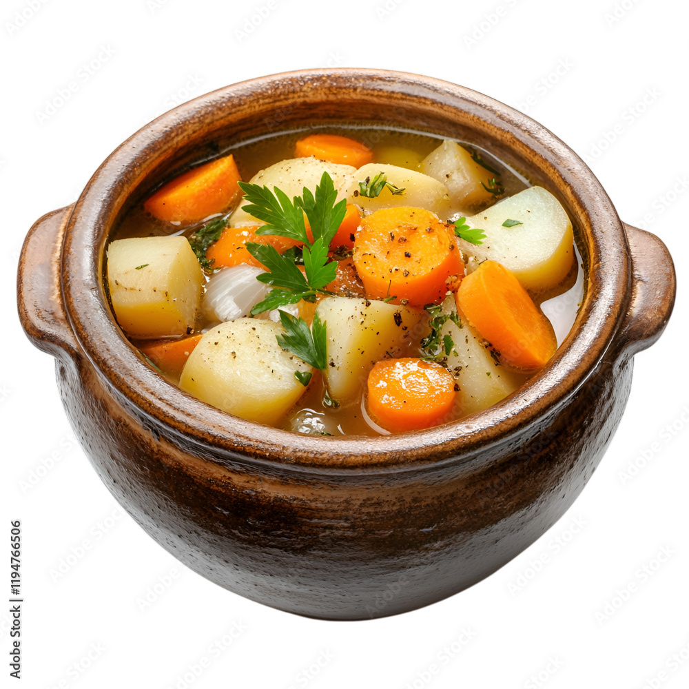 A fresh vegetable stew with carrots, onions, and potatoes simmering in a rustic pot, isolated on white background. A fresh vegetable stew with carrots, onions, and potatoes simmering in a rustic pot, isolated on white background.