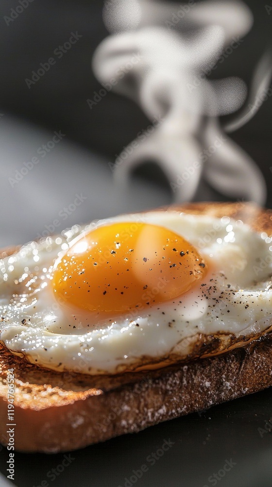 Sizzling sunnyside-up egg on toast kitchen food warm atmosphere close-up breakfast delight