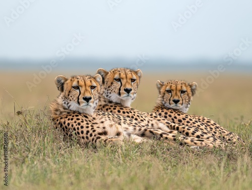 Three Cheetahs Resting in a Grassy Savanna photo