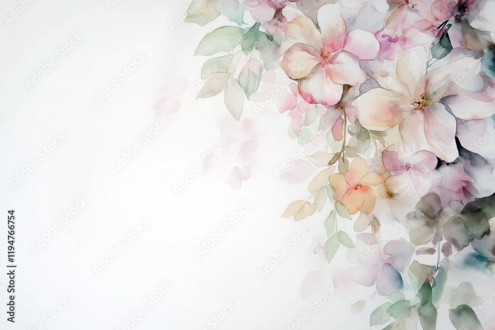Fototapeta premium Watercolor design featuring a cascade of pastel flowers in one corner, fading into a clean space for text.