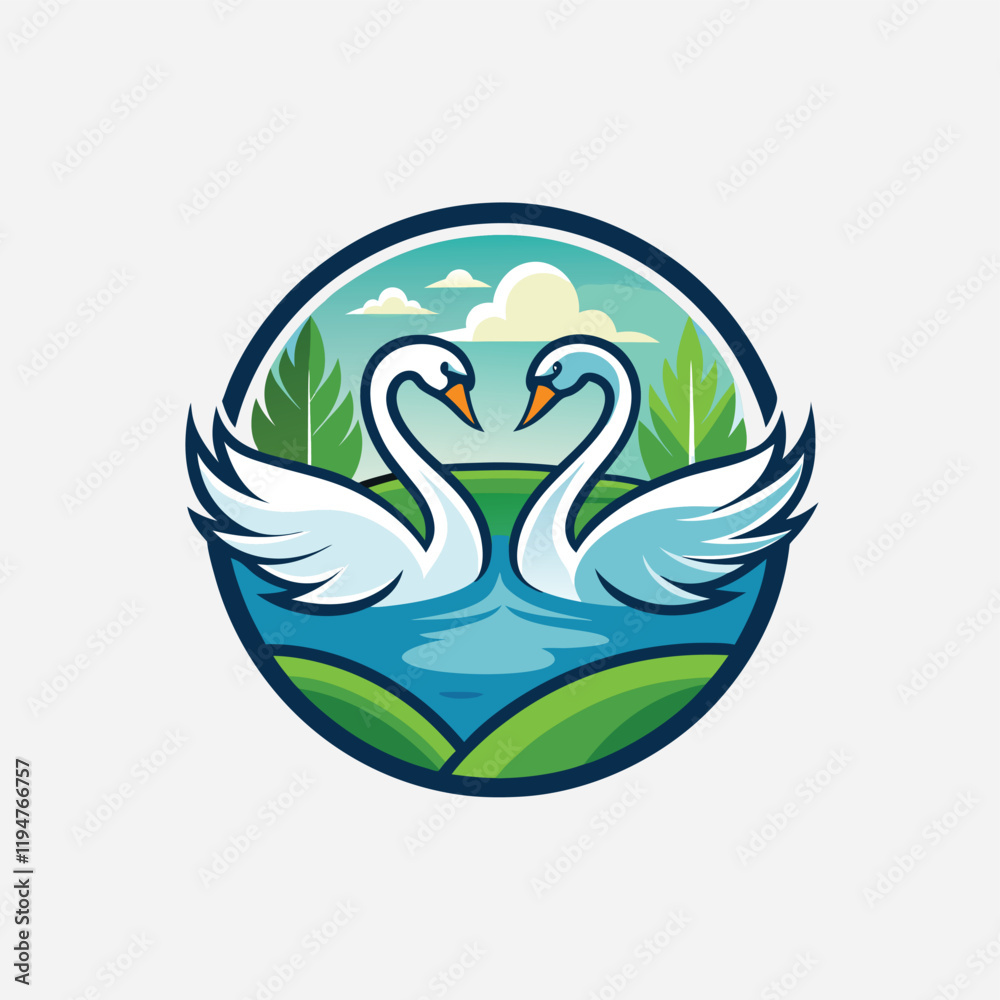 Obraz premium vector illustration of two swans in love on the water in lumps, Couple swan on a white background