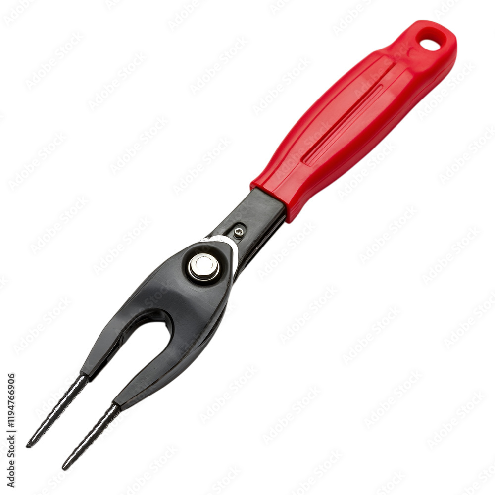 A heavy-duty construction bolt cutter with long red handles, lying flat, isolated on white background. A heavy-duty construction bolt cutter with long red handles, lying flat, isolated on white background.