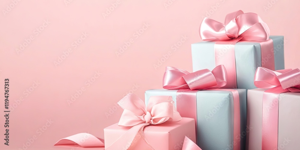 Pastel gift boxes stacked with satin bows on a soft pink background featuring light blue and soft pink colors with a minimalist arrangement. Pastel gift boxes stacked with satin bows on a soft pink background featuring light blue and soft pink colors with a minimalist arrangement.