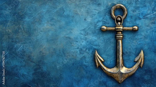 A heavy ship anchor on a textured gradient ocean blue background