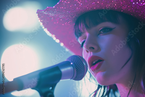 young singer on stage wearing pink glitter hat under concert lights photo